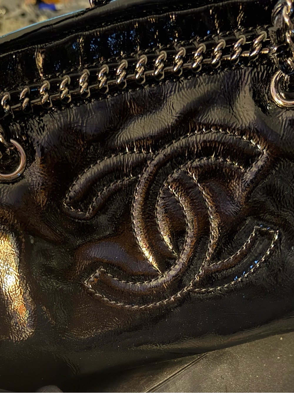 CHANEL Black Patent Quilted Shoulder Bag with Chain Strap